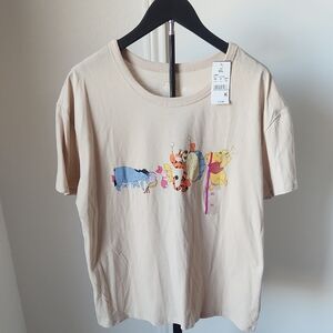 Beige Graphic T-Shirt with Cartoon Characters
